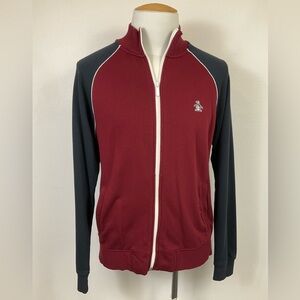 PENGUIN Men's Burgundy Black Track Jacket Sweatshirt Zip Front w/ Pockets, sz MD